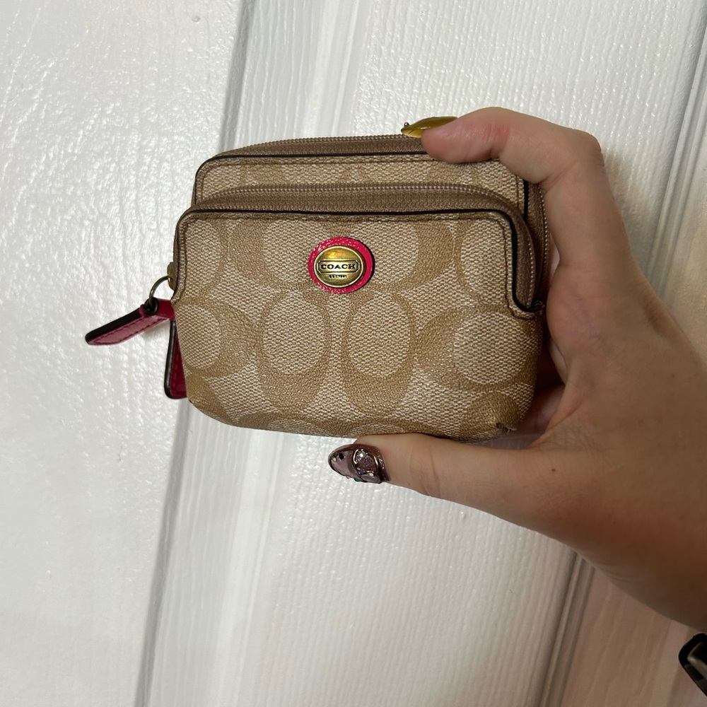 Coach Beige Signature Mini Zip Pouch with Pink Trim with 7 card holders
